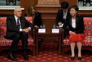 Il Presidente Giorgio Napolitano durante l'incontro con il Vice Presidente dell'Assemblea Nazionale del Popolo, Signora Uyunqing