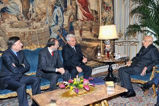 Il Presidente Giorgio Napolitano con Umberto Martini, Presidente Generale del Club Alpino Italiano ed una delegazione del sodalizio durante i colloqui.