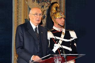 Il Presidente Giorgio Napolitano durante il suo intervento in occasione della cerimonia di consegna delle insegne dell'Ordine Militare d'Italia conferite nell'anno 2010 nella ricorrenza del Giorno dell'Unità Nazionale e Giornata delle Forze Armate