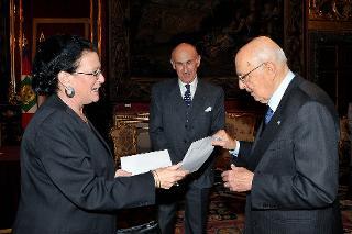 Il Presidente Giorgio Napolitano con la Signora Ruth Jacoby, nuovo Ambasciatore del Regno di Svezia in occasione della presentazione delle Lettere Credenziali