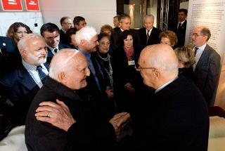 Il Presidente Giorgio Napolitano e il Presidente Emerito della Repubblica Oscar Luigi Scalfaro al temine della visita alla Mostra &quot;A noi fu dato in sorte questo tempo 1938-1947&quot;
