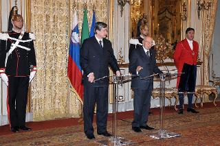 Il Presidente Giorgio Napolitano con il Signor Danilo Türk, Presidente della Repubblica Slovena in visita di Stato in Italia, durante le dichiarazione alla stampa