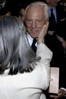 Lo Stilista Giorgio Armani festeggiato da Laura Biagiotti dopo aver ricevuto dal Presidente della Repubblica Giorgio Napolitano il &quot;Premio Leonardo&quot;