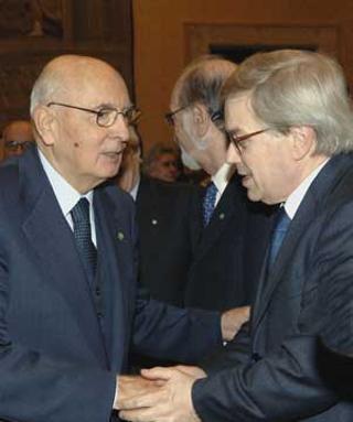 Il Presidente Giorgio Napolitano con Pierluigi Castagnetti che ha concluso i lavori della Giornata di studio su "Giuseppe Dossetti all'Assemblea Costituente e nella politica italiana"