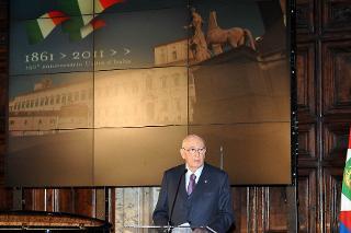 Il Presidente Giorgio Napolitano durante il suo intervento, in occasione della cerimonia su &quot;La lingua italiana fattore portante dell'identità nazionale, nel 150° anniversario dell'Unità d'Italia