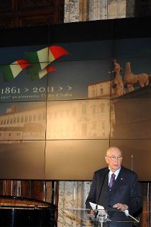 Il Presidente Giorgio Napolitano durante il suo intervento, per la cerimonia su &quot;La lingua italiana fattore portante dell'identità nazionale, nel 150° anniversario dell'Unità d'Italia,