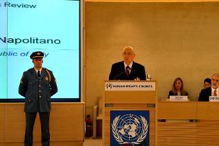 Il Presidente della Repubblica Giorgio Napolitano durante il suo intervento al Consiglio per i Diritti Umani
