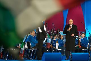 Il Presidente Giorgio Napolitano nel corso del suo saluto agli italiani nella &quot;Notte Tricolore&quot;