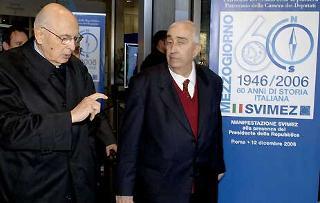 Il Presidente Giorgio Napolitano con Nino Novacco, Presidente della Svimez, alla Biblioteca Nazionale Centrale, in occasione del 60° anniversario della costituzione della Svimez-Associazione per lo sviluppo nel Mezzogiorno.
