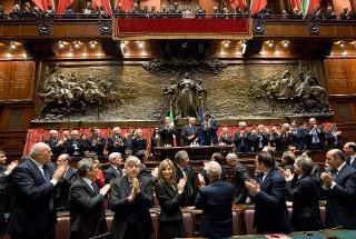 Il Presidente Giorgio Napolitano al termine del suo intervento in occasione della cerimonia celebrativa del 150° dell'Unità d'Italia a Palazzo Montecitorio