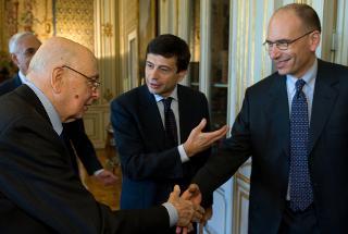 Il Presidente Giorgio Napolitano accoglie Maurizio Lupi e Enrico Letta, esponenti dell'Intergruppo Parlamentare per la Sussidarietà