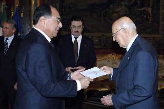Il Presidente Giorgio Napolitano con Carlos Roca Caceres, nuovo Ambasciatore della Repubblica del Perù in occasione della presentazione delle Lettere Credenziali
