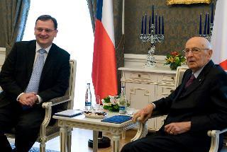 Il Presidente Giorgio Napolitano nel corso dei colloqui con il Primo Ministro della Repubblica Ceca Petr Necas