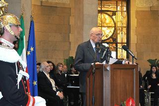 Il Presidente Giorgio Napolitano nel corso del suo intervento, in occasione dell'incontro con gli esponenti delle Associazioni Combattentistiche e Partigiane e le Associazioni d'Arma, alla Casa Madre del Mutilato di Guerra