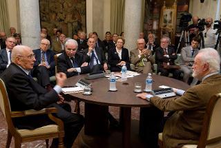 Il Presidente Giorgio Napolitano con Eugenio Scalfari e Giuliano Amato, nel corso del dibattito sul tema&quot;Che cosa ci ha lasciato Antonio Giolitti?&quot;