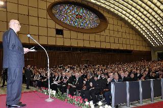 Il Presidente Giorgio Napolitano durante il suo intervento in occasione del concerto in onore di Sua Santità Benedetto XVI per il sesto anniversario di Pontificato