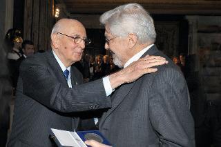 Il Presidente Giorgio Napolitano con Ettore Scola in occasione della cerimonia di presentazione dei candidati ai Premi &quot;David di Donatello&quot; per l'anno 2011