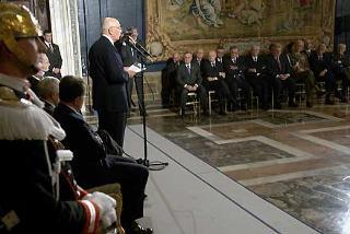 Il Presidente Giorgio Napolitano durante il suo intervento in occasione della cerimonia per lo scambio di auguri di Natale e Capodanno con le Alte Cariche dello Stato