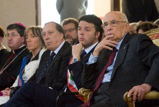 Il Presidente Giorgio Napolitano con a fianco il Sindaco di Firenze Matteo Renzi, nel corso del convegno &quot;Firenze, Bettino Ricasoli, l'Unità d'Italia&quot;