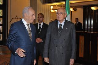 Il Presidente Giorgio Napolitano con Shimon Peres, Presidente dello Stato d'Israele, in occasione della visita ufficiale nello Stato d'Israele e nei Territori dell'Autonomia Palestinese