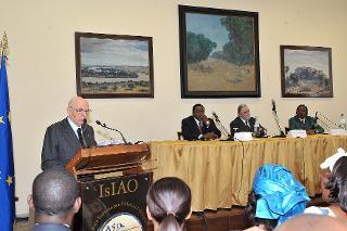 Il Presidente Giorgio Napolitano durante il suo intervento in occasione della celebrazione della "Giornata dell'Africa", per il 48° Anniversario della Fondazione dell'Organizzazione dell'Unità Africana