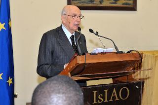 Il Presidente Giorgio Napolitano durante il suo intervento in occasione della celebrazione della "Giornata dell'Africa", per il 48° Anniversario della Fondazione dell'Organizzazione dell'Unità Africana