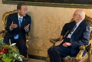 Il Presidente Giorgio Napolitano nel corso dei colloqui con Ban Ki Moon, Segretario generale delle Nazioni Unite