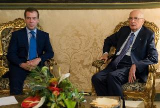 Il Presidente Giorgio Napolitano nel corso dei colloqui con Dmitry Medvedev, Presidente della Federazione Russa