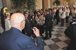Il Presidente Giorgio Napolitano durante il suo saluto ai presenti in occasione dell'apertura al pubblico dei Giardini del Quirinale per il 150° dell'Unità d'Italia