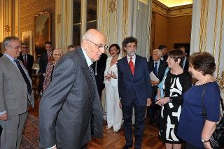 Il Presidente Giorgio Napolitano nel corso dell'incontro con una delegazione di organizzatori e curatori della mostra &quot;1861-2011&quot;.L'Italia dei Libri&quot;