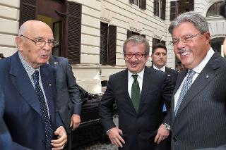 Il Presidente Giorgio Napolitano con il Ministro dell'Interno Roberto Maroni ed il Prefetto Giuseppe Procaccini al suo arrivo in occasione della cerimonia &quot;Cento anni di Viminale&quot;