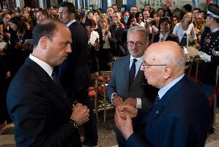 Il Presidente Giorgio Napolitano a colloquio con il Ministro della Giustizia Angelino Alfano e il Vice Presidente del CSM Michele Vietti, al termine dell'incontro con i Magistrati ordinari in tirocinio nominati con D.M. 5/8/2010, oggi 21 luglio 2011.