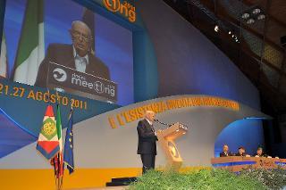 Il Presidente Giorgio Napolitano nel corso del suo intervento al Meeting per l'amicizia fra i popoli