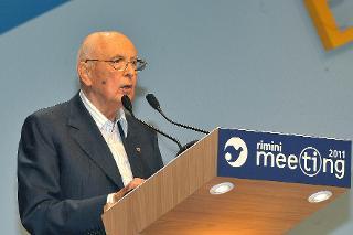 Il Presidente Giorgio Napolitano nel corso del suo intervento al Meeting per l'amicizia fra i popoli
