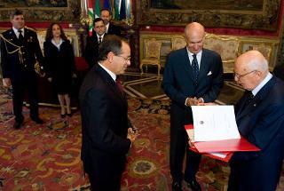 Il Presidente Giorgio Napolitano con S.E. Naceur Mestiri, nuovo Ambasciatore della Repubblica Tunisina, in occasione della presentazione delle Lettere Credenziali