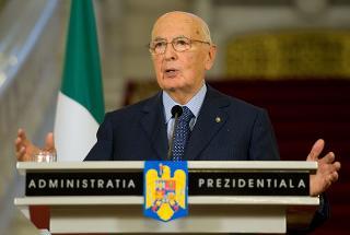 Il Presidente Giorgio Napolitano nel corso dell'incontro con la stampa, a margine dei colloqui con il Presidente di Romania Traian Basescu