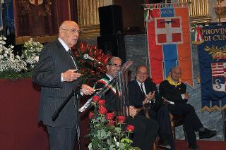 Il Presidente Giorgio Napolitano durante il suo intervento in occasione dell'incontro sul tema &quot;Cuneo e l'Unità d'Italia&quot; al Teatro Toselli