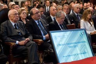Il Presidente Giorgio Napolitano nel corso del Convegno organizzato dalla Banca d'Italia sul tema: &quot;L'Italia e l'economia mondiale, 1861-2011&quot;