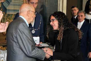Il Presidente Giorgio Napolitano con Melania Gaia Mazzucco in occasione della Giornata dello Spettacolo