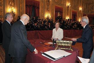 ll Presidente Giorgio Napolitano con Elsa Fornero, Ministro del Lavoro e politiche sociali nel corso del Giuramento del nuovo Governo
