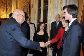 Il Presidente Giorgio Napolitano con i vincitori del concorso pianistico &quot;Premio Venezia&quot; in occasione dell'incontro con la Fondazione Amici della Fenice