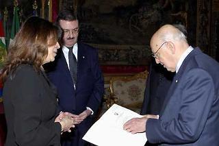 Il Presidente Giorgio Napolitano con la Signora Athena K. Mavronicola, nuovo Ambasciatore della Repubblica di Cipro, in occasione della presentazione delle Lettere Credenziali