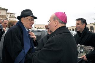 Il Presidente della Repubblica Giorgio Napolitano al suo arrivo al Sacro Convento di Assisi