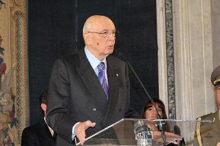 Il Presidente Giorgio Napolitano durante il suo intervento in occasione della cerimonia per la &quot;Giornata della Qualità Italia&quot;