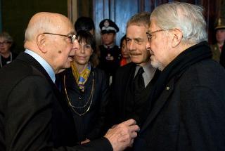 Il Presidente Giorgio Napolitano con Ettore Scola e Gabriele Lavia, poco prima della cerimonia di celebrazione del &quot;Giorno della Memoria&quot;