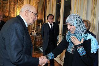Il Presidente Giorgio Napolitano con la Sig.ra Tawakkol Karman, Premio Nobel per la Pace 2011
