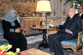 Il Presidente Giorgio Napolitano con la Sig.ra Tawakkol Karman, Premio Nobel per la Pace 2011, durante i colloqui