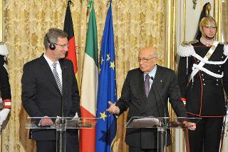 Il Presidente Giorgio Napolitano con il Sig. Christian Wulff, Presidente della Repubblica Federale di Germania in visita di Stato in Italia, durante le dichiarazione alla stampa