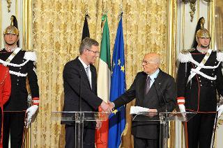 Il Presidente Giorgio Napolitano e il Sig. Christian Wulff, Presidente della Repubblica Federale di Germania, al termine delle dichiarazioni alla stampa