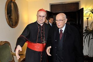 Il Presidente Giorgio Napolitano con Sua Eminenza il Cardinale Tarcisio Bertone, Segretario di Stato Vaticano, in occasione della ricorrenza della firma dei Patti Lateranensi e dell'Accordo di Revisione del Concordato